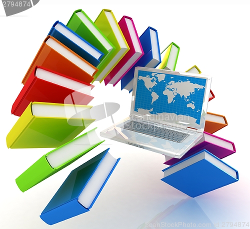 Image of Laptop and books flying 