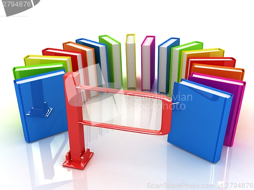 Image of Colorful books in a semicircle and tourniquet to control. The co