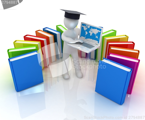 Image of 3d man in graduation hat working at his laptop and books 