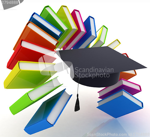 Image of Colorful books like the rainbow and graduation hat 