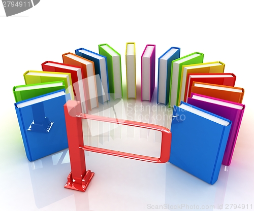 Image of Colorful books in a semicircle and tourniquet to control. The co