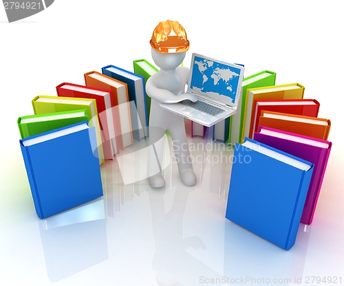 Image of 3d man in hard hat working at his laptop and books 