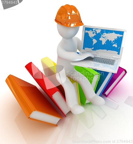 Image of 3d man in hard hat sitting on books and working at his laptop 