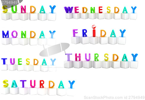 Image of Set of 3d colorful cubes with white letters - days of the week 