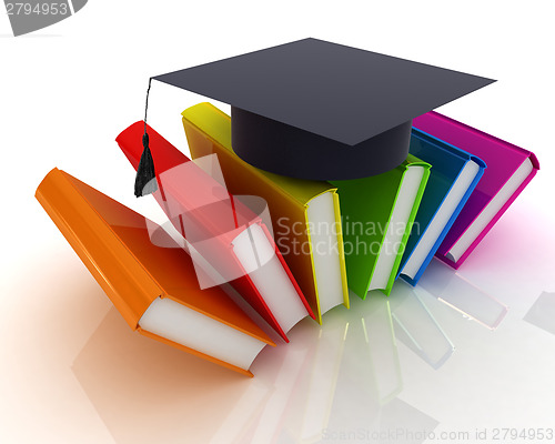 Image of Colorful books and graduation hat 