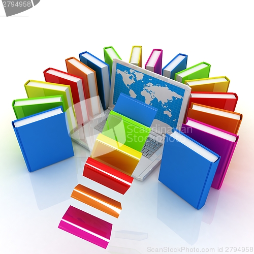 Image of Colorful books flying and laptop 