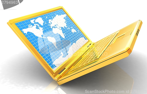 Image of Gold laptop with world map on screen 