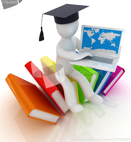 Image of 3d man in graduation hat sitting on books and working at his lap
