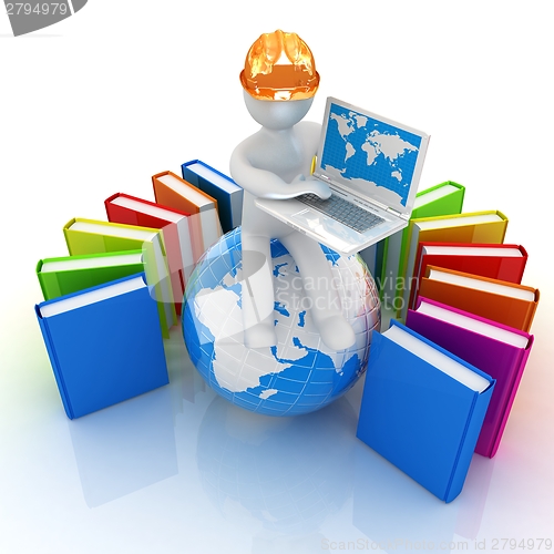 Image of 3d man in hard hat sitting on earth and working at his laptop an