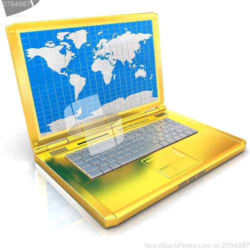 Image of Gold laptop with world map on screen 