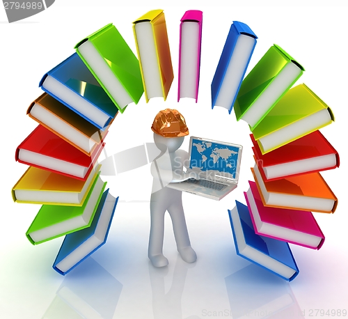 Image of Colorful books like the rainbow and 3d man in a hard hat with la