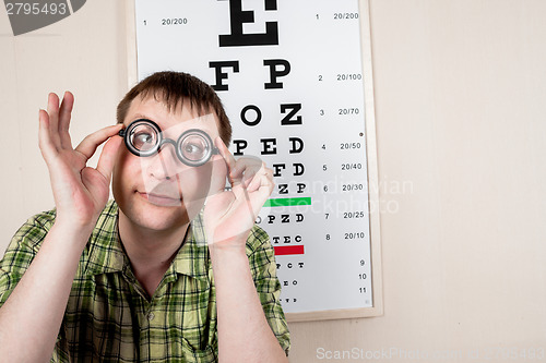 Image of Funny manwearing spectacles in an office at the doctor