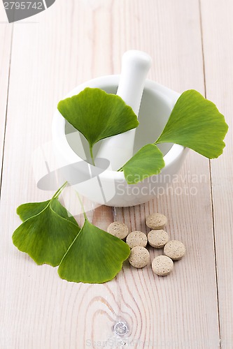 Image of Ginkgo biloba leaves in mortar and pills