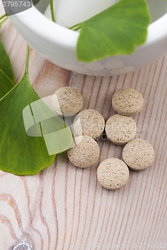 Image of Ginkgo biloba leaves in mortar and pills