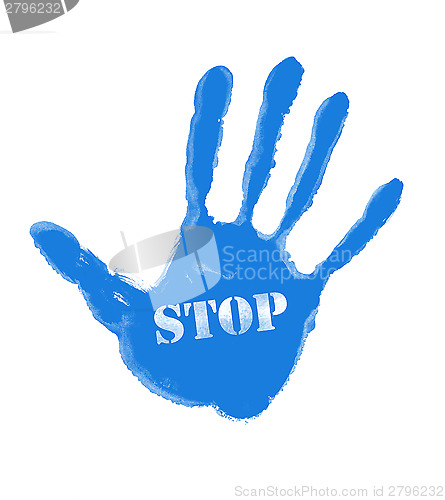 Image of Blue handprint with the word ''Stop''