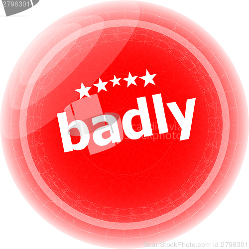 Image of badly word on red stickers button, label