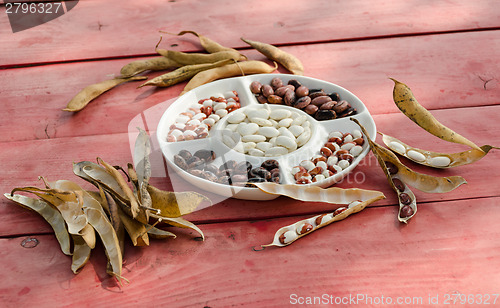 Image of color shelled beans dried open pods on table  