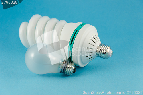 Image of economy lamp incandescent bulb on blue background 