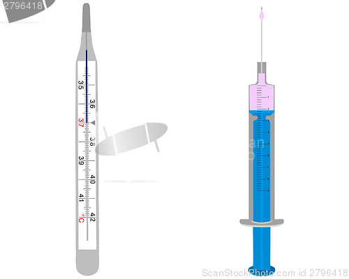 Image of Illustration of clinical thermometer and injection on white