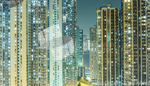 Image of Packed building in Hong Kong at night