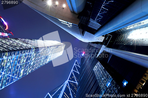 Image of Hong Kong at night, view from below