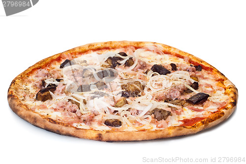 Image of home pizza with sausage and eggplant