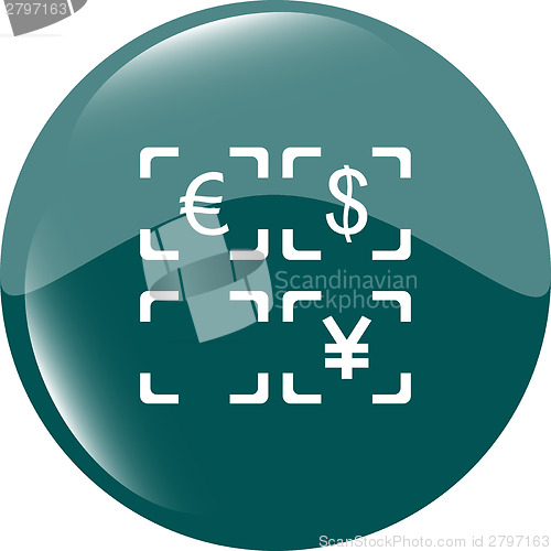 Image of Currency exchange sign icon. Currency converter symbol. Money label. shiny button. Modern UI website button