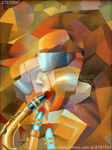 Image of saxophone and roofs