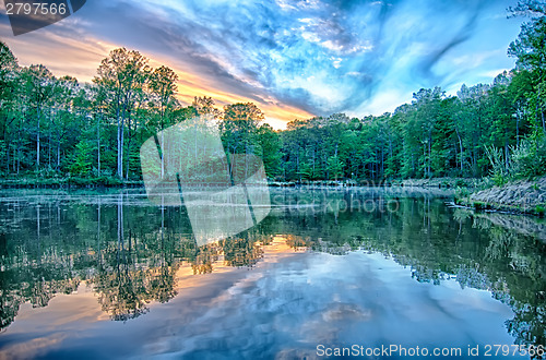 Image of River reflection of clouds over wide angle.