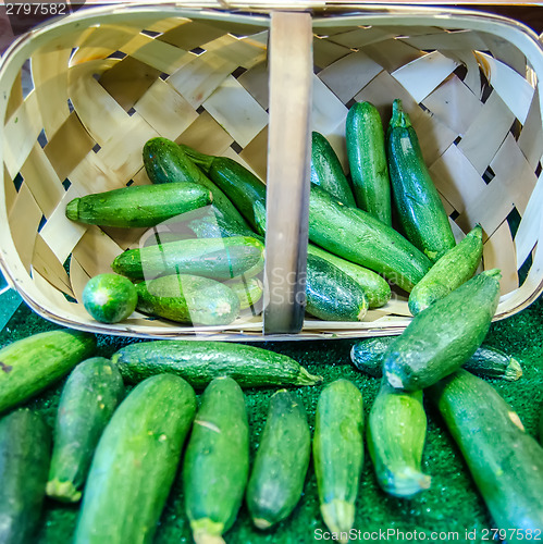 Image of Fresh healthy green zucchini courgettes in basket on the marketp