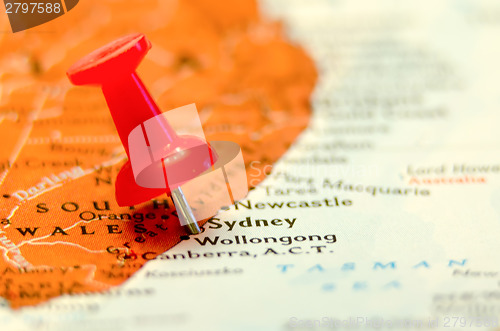 Image of sydney city pin on the map in australia