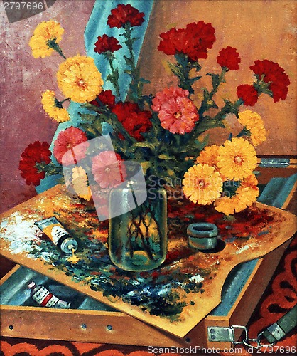 Image of still life with palette and flowerses