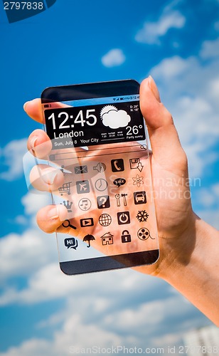 Image of Smartphone with transparent screen in human hands.