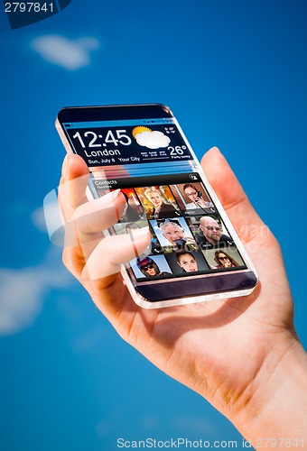 Image of Smartphone with transparent screen in human hands.