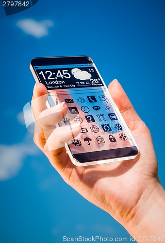 Image of Smartphone with transparent screen in human hands.