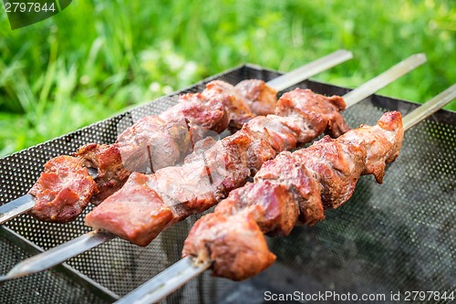 Image of Hot shish kebab on metal skewers
