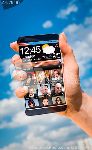 Image of Smartphone with transparent screen in human hands.