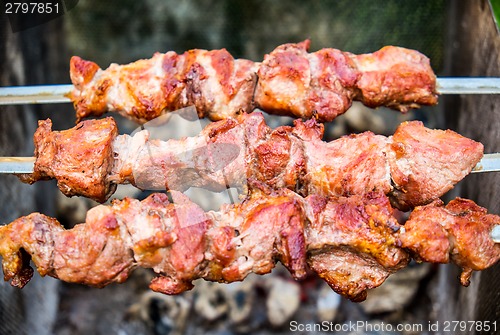 Image of Hot shish kebab on metal skewers