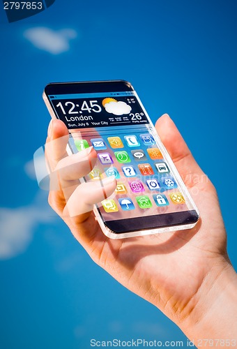 Image of Smartphone with transparent screen in human hands.