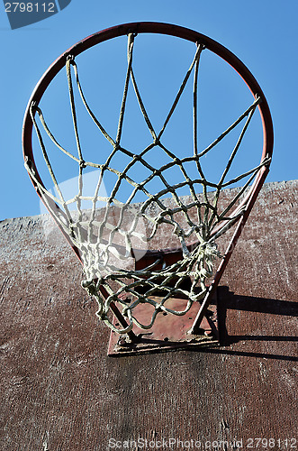 Image of closeup of basketball backboard and hoop outdoor