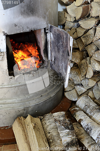 Image of old stove flame and birch firewood