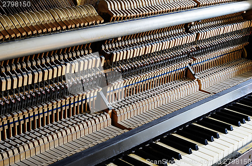 Image of inside the piano: string, pins and hammers