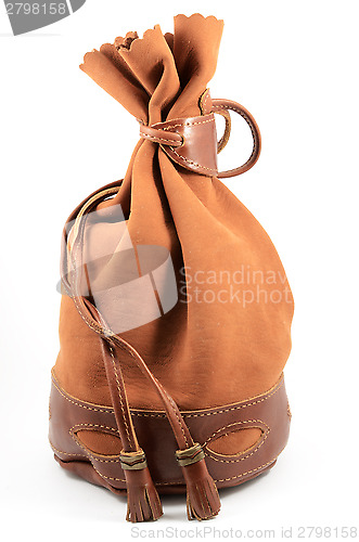 Image of brown suede pouch on white background