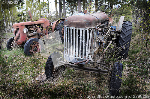 Image of two old rusty tractor in the forest