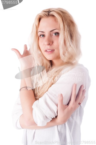 Image of Attractive sexy woman in white shirt