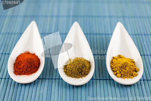 Image of Dried ground spices in ceramic spoons