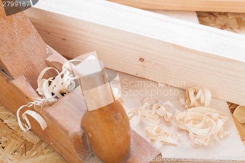 Image of Handheld wood plane with wood shavings