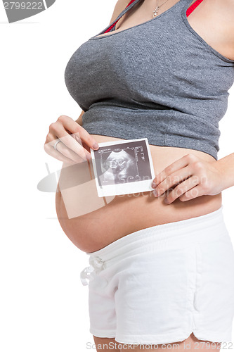 Image of Pregnant woman displaying a prenatal ultrasound