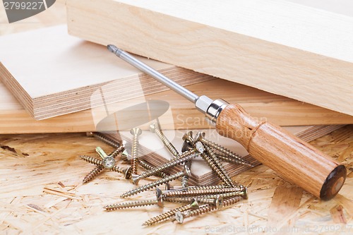 Image of Phillips head screwdriver and wood screws