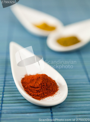 Image of Dried ground spices in ceramic spoons